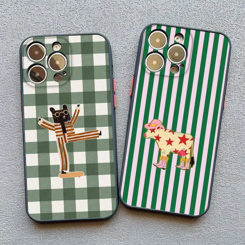 Simple Cute Green And White Plaid Animal Phone Case for Iphone 17 16 15 14 Pro Max 16 Plus 13 12 Mini 11 Pro Max XR XS X Cover