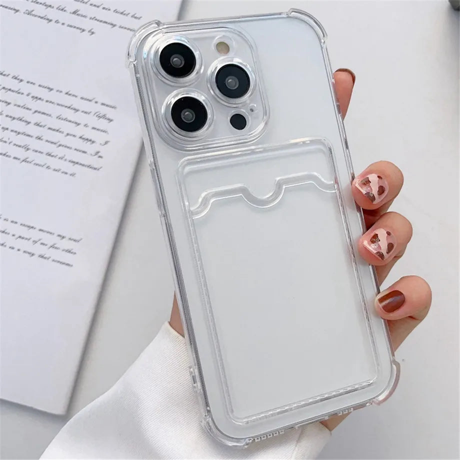 Wallet Card Holder Clear Soft Case For iPhone 11 13 12 14 15 16 Pro Max 17 Air X XSMax XR 16promax Transparent Card Slots Cover