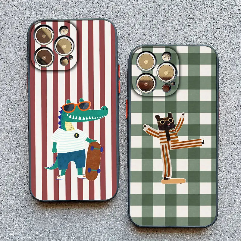 Simple Cute Green And White Plaid Animal Phone Case for Iphone 17 16 15 14 Pro Max 16 Plus 13 12 Mini 11 Pro Max XR XS X Cover