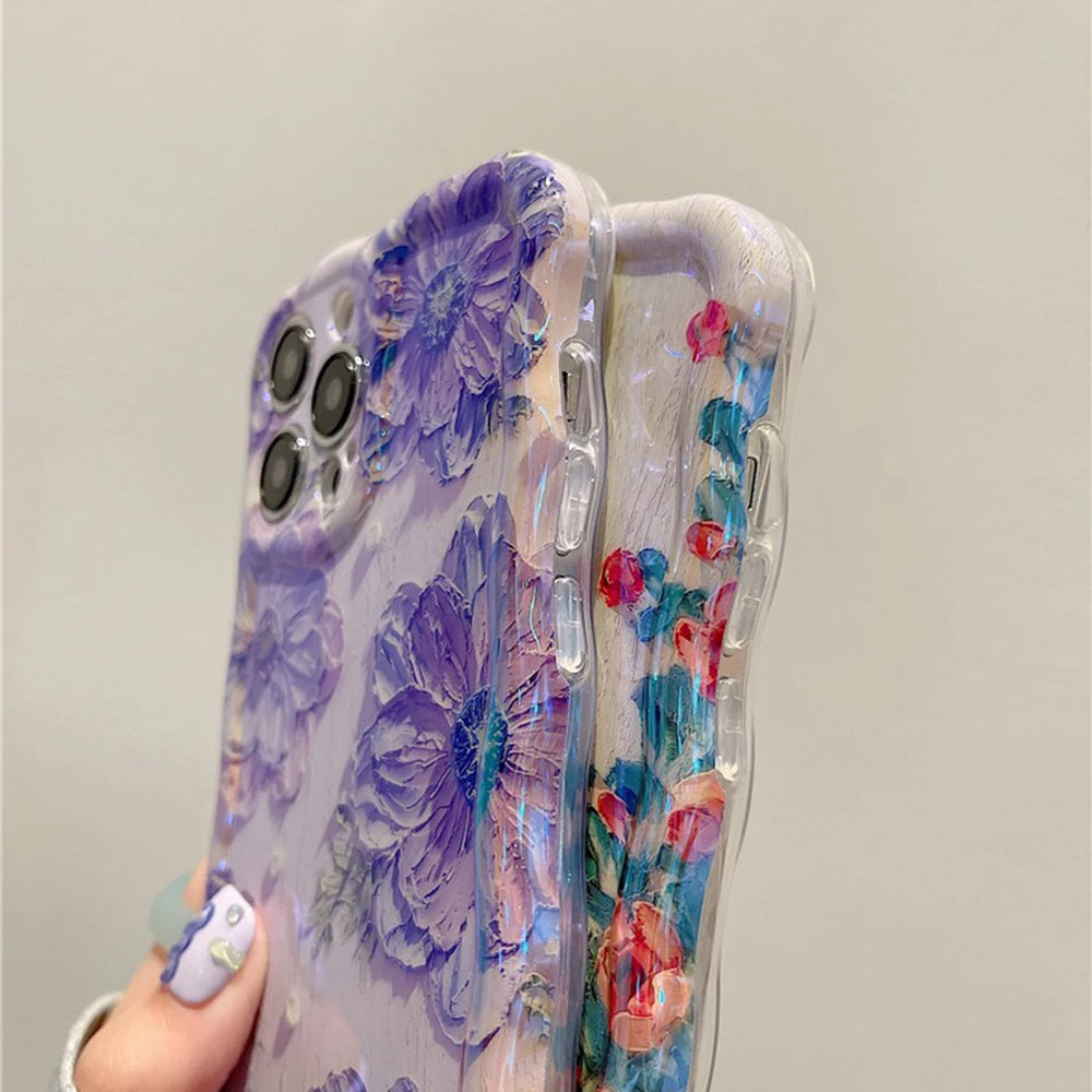 Retro Oil Painting Phone Case For iPhone 13 14 15 16 ProMax 12 11 Luxury Flower Print Shockproof Silicone Cover Artistic Decor